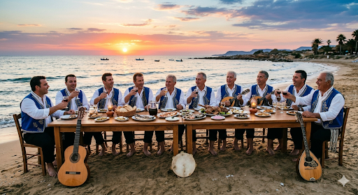 Bραδιές, σε αύλειο χώρο ξενοδοχείου, με φόντο το υπέροχο δειλινό  στην θάλασσα του Ιονίου ,